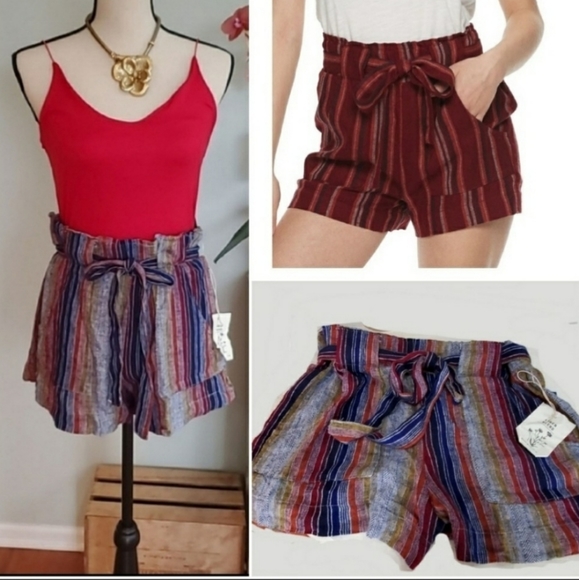 Linen Blend Striped Paper Bag Shorts - Picture 4 of 8